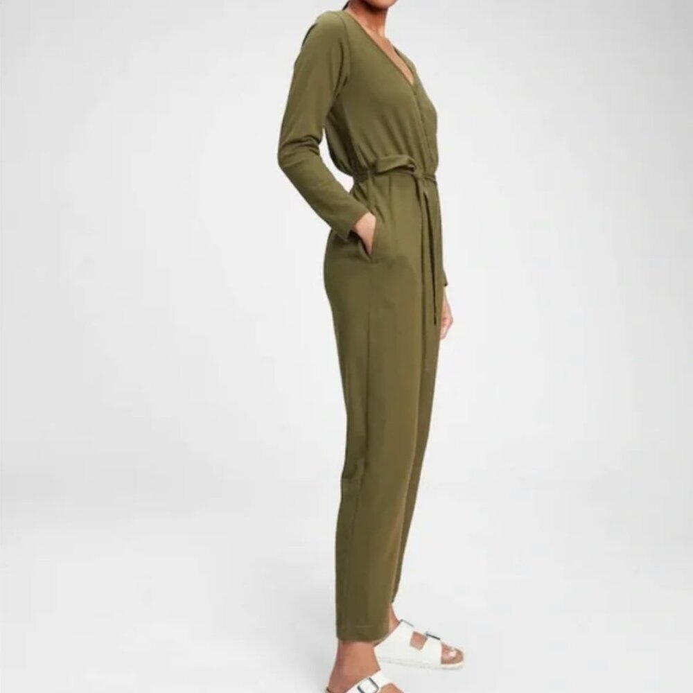 Gap Olive Green Knit Belted Jumpsuit w/ Pockets